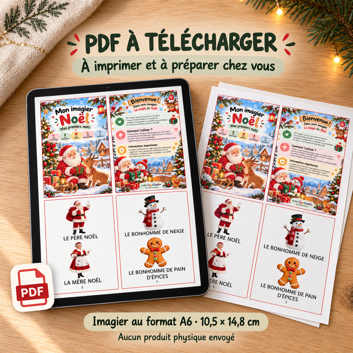PDF de l’imagier Noël présenté sur tablette et sur des feuilles à imprimer au format A6, aucun produit physique envoyé.