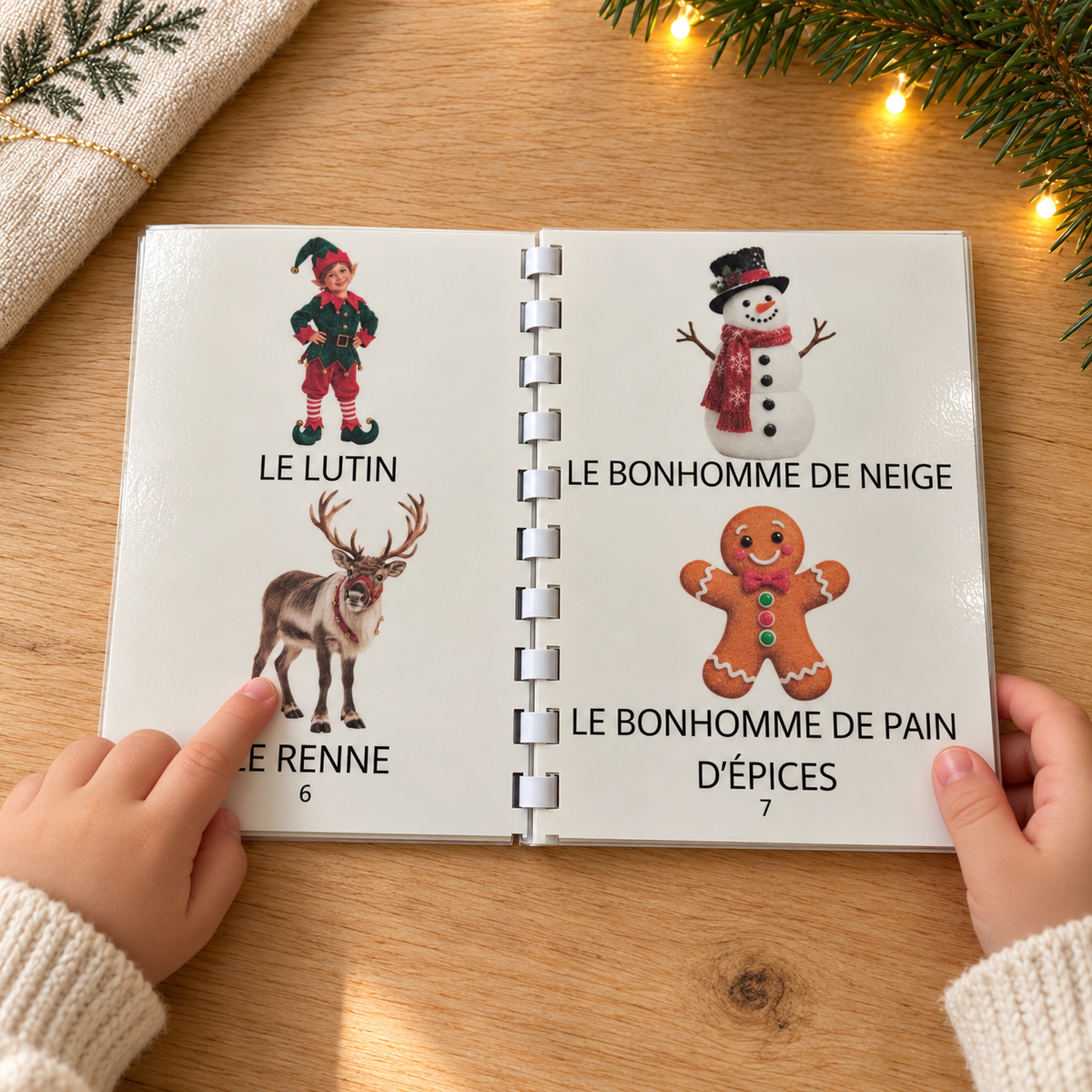 Imagier Noël ouvert aux pages 6 et 7 : lutin, renne, bonhomme de neige et bonhomme de pain d’épices.