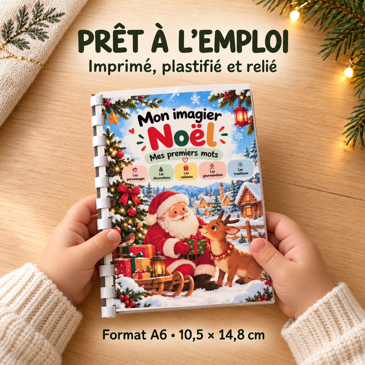 Imagier Noël prêt à l’emploi, imprimé, plastifié et relié au format A6 10,5 × 14,8 cm, tenu entre deux mains.