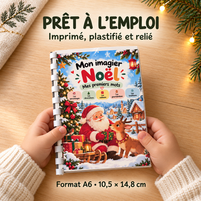 Imagier Noël prêt à l’emploi, imprimé, plastifié et relié au format A6 10,5 × 14,8 cm, tenu entre deux mains.