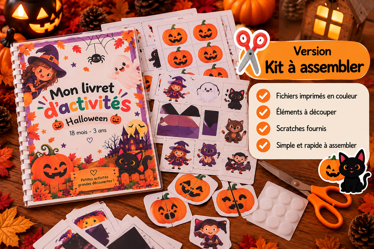 Présentation du kit à assembler du livret d’activités Halloween.