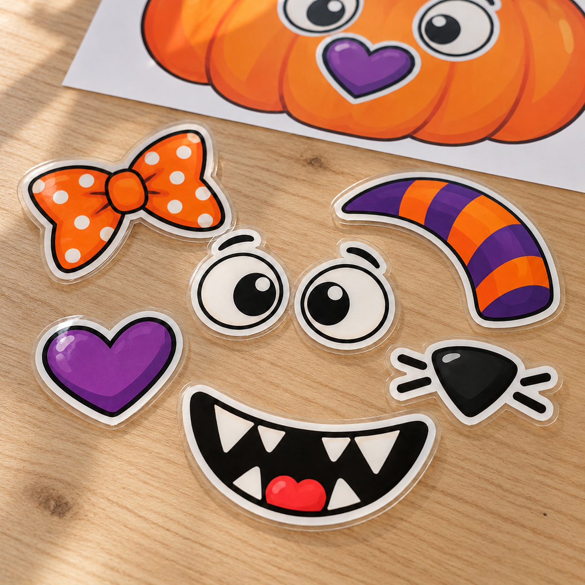Expressions et accessoires du jeu de citrouille Halloween sur une table en bois clair