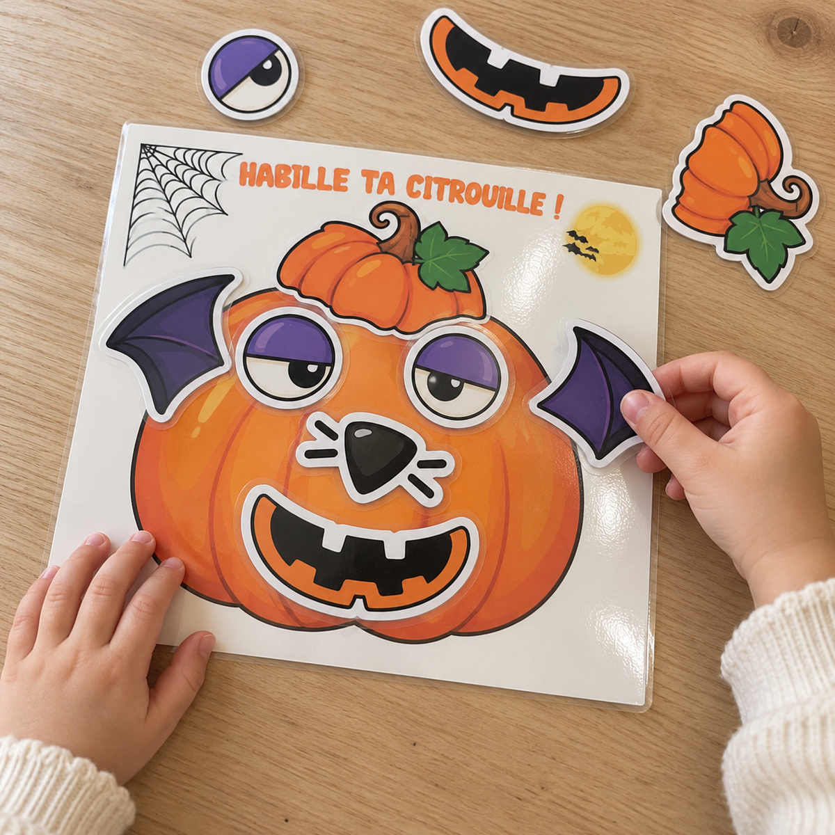 Mise en scène du jeu de citrouille Halloween manipulé par de petites mains