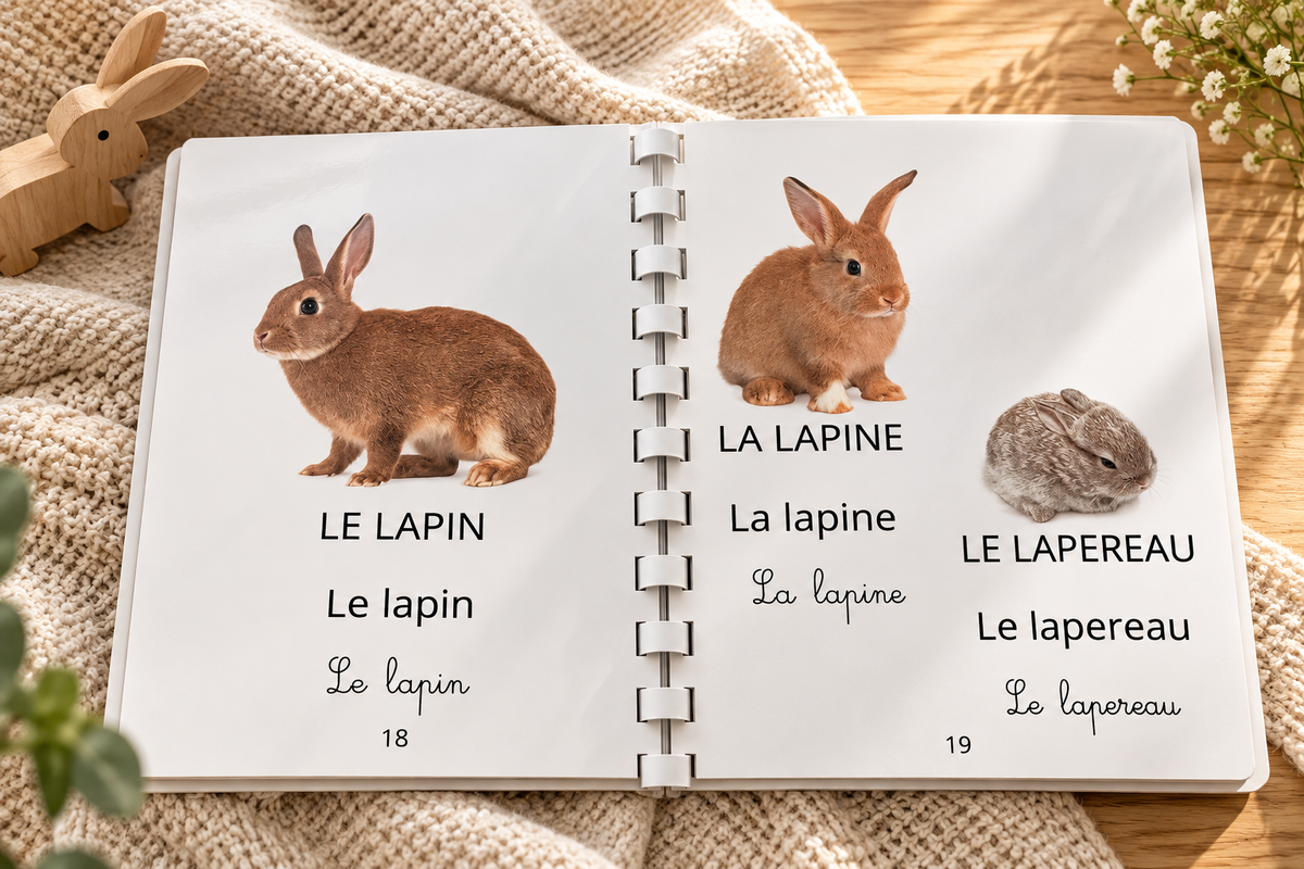Imagier de la ferme IlyoaCreation ouvert sur les pages du lapin, de la lapine et du lapereau