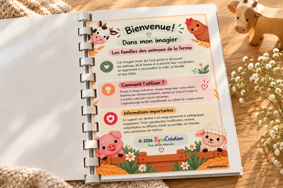 Page Bienvenue de l'imagier de la ferme IlyoaCreation, présentation et conseils d'utilisation