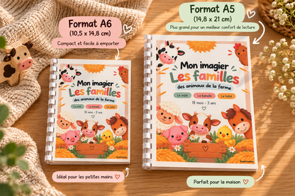Comparaison des deux formats de l'imagier IlyoaCreation : A6 10,5 × 14,8 cm et A5 14,8 × 21 cm