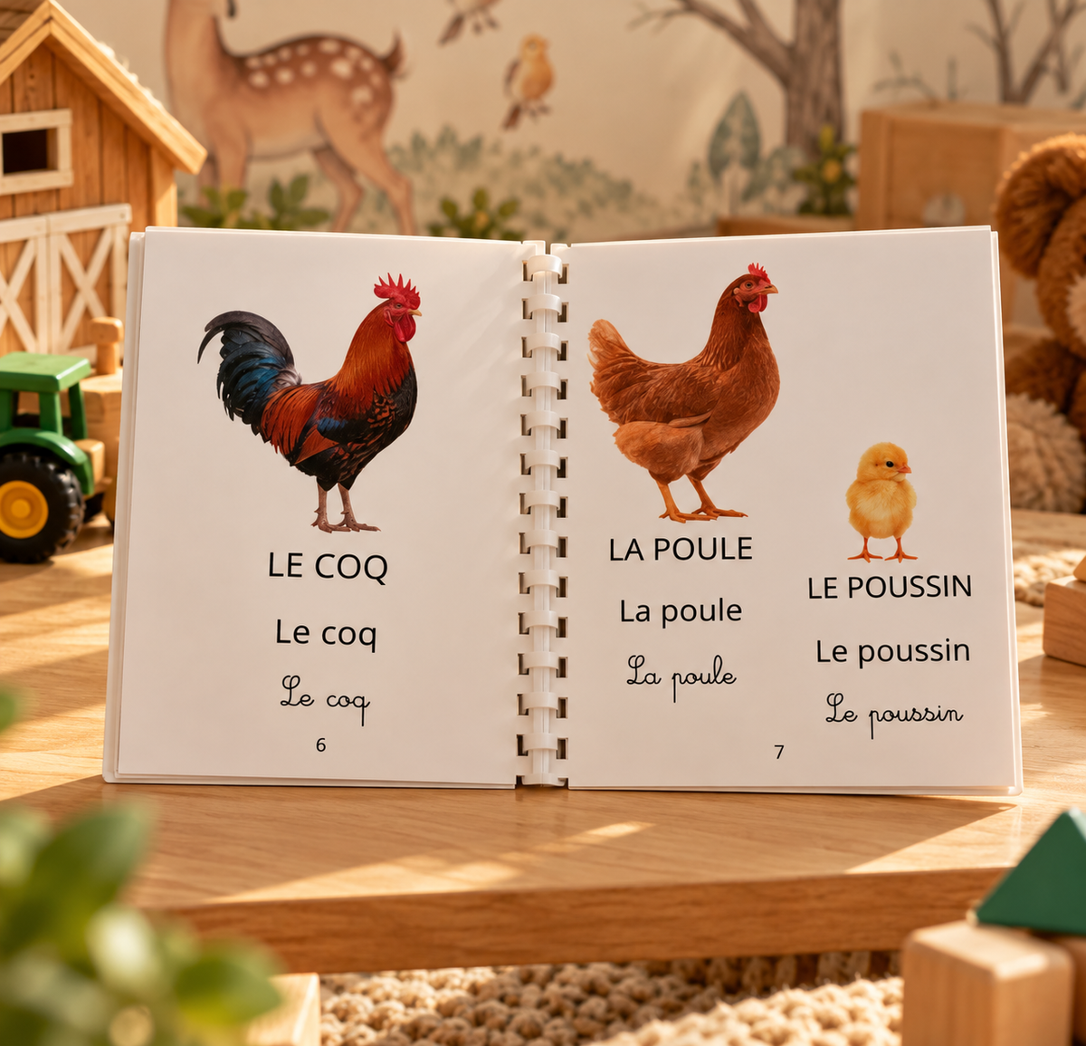 Imagier de la ferme IlyoaCreation ouvert sur le coq, la poule et le poussin, dans un décor chaleureux