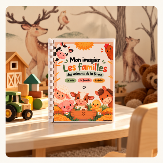 Mon imagier Les familles des animaux de la ferme, couverture avec reliure blanche dans un décor naturel