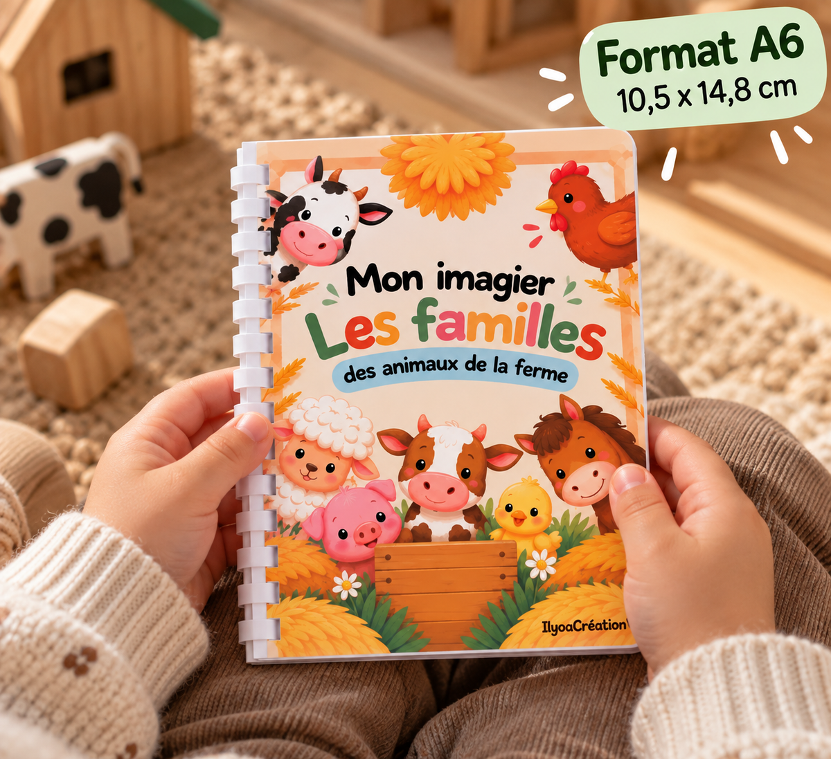 Imagier physique A6 10,5 × 14,8 cm tenu par les mains d'un enfant