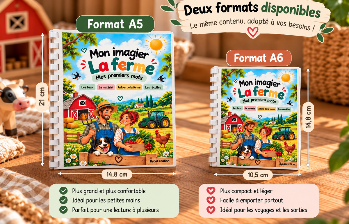 Imagier La ferme : Mes premiers mots, comparaison des formats A5 de 14,8 × 21 cm et A6 de 10,5 × 14,8 cm.