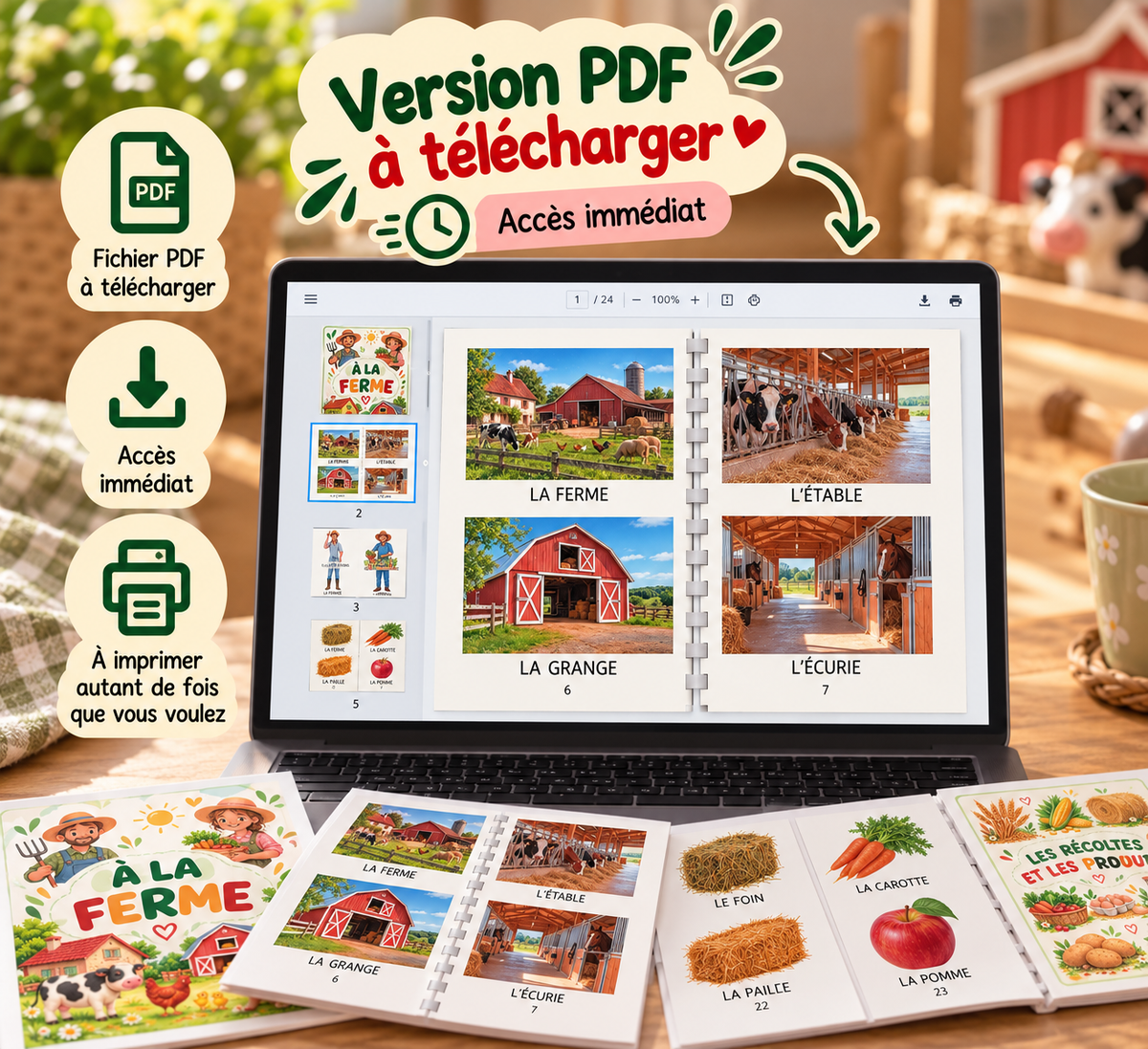 Version PDF à télécharger de Mon imagier La ferme Mes premiers mots, aperçu sur ordinateur