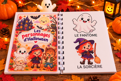 Imagier Halloween IlyoaCréation ouvert sur les personnages d'Halloween, fantôme et sorcière, dans un décor automnal