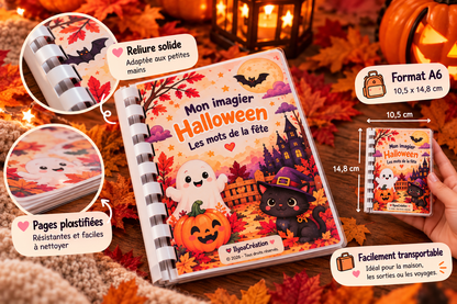 Imagier Halloween IlyoaCréation : reliure blanche, pages plastifiées et format A6 10,5 × 14,8 cm facile à transporter