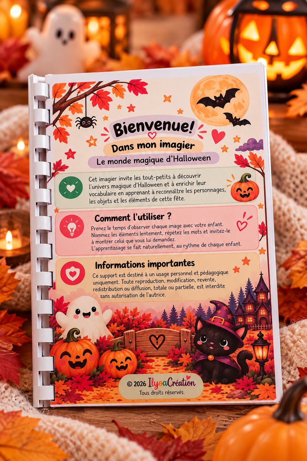 Page Bienvenue de l'imagier Halloween IlyoaCréation dans un décor automnal
