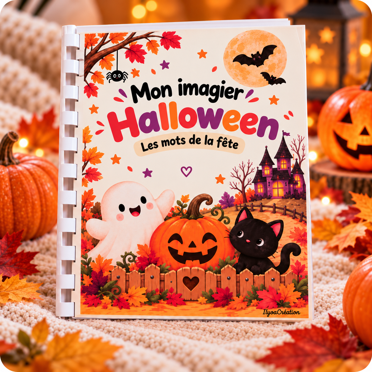 Couverture de l’imagier Halloween : Les mots de la fête, dans un décor automnal.