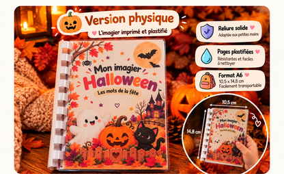 Imagier Halloween prêt à l’emploi, avec reliure blanche et pages plastifiées, au format A6 de 10,5 × 14,8 cm.