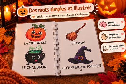 Imagier Halloween IlyoaCréation : double page citrouille, chaudron, balai et chapeau de sorcière, vocabulaire illustré