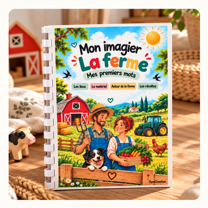 Mon imagier La ferme Mes premiers mots, couverture avec reliure blanche dans une ambiance naturelle