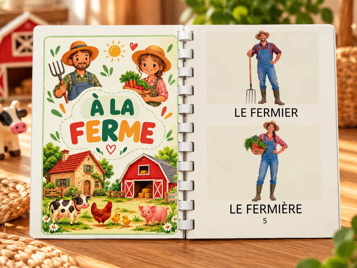 Imagier La ferme ouvert à la page À la ferme, le fermier et la fermière, dans une ambiance naturelle