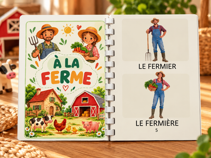 Imagier La ferme ouvert à la page À la ferme, le fermier et la fermière, dans une ambiance naturelle