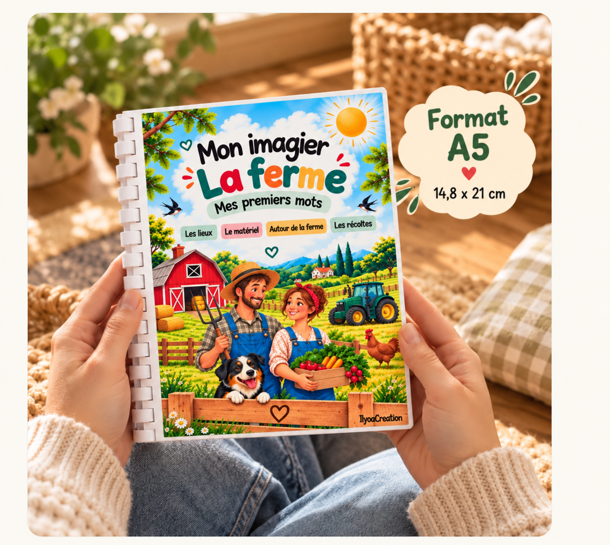 Imagier La ferme : Mes premiers mots, au format A5 de 14,8 × 21 cm, tenu en main.