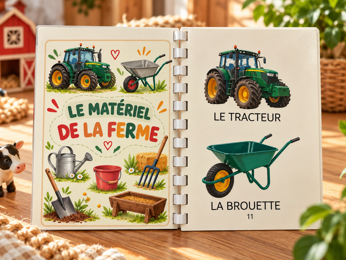 Imagier La ferme ouvert : Le matériel de la ferme, le tracteur et la brouette, dans un décor naturel