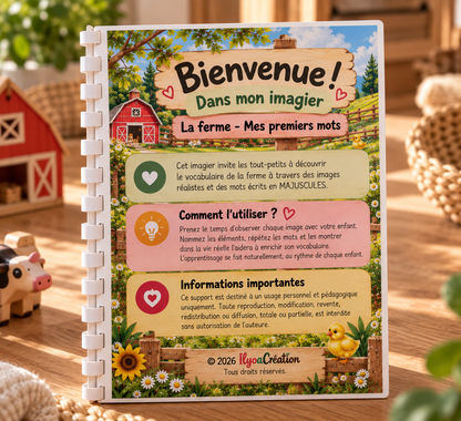 Page de bienvenue de l'imagier La ferme Mes premiers mots, livret relié dans un décor chaleureux