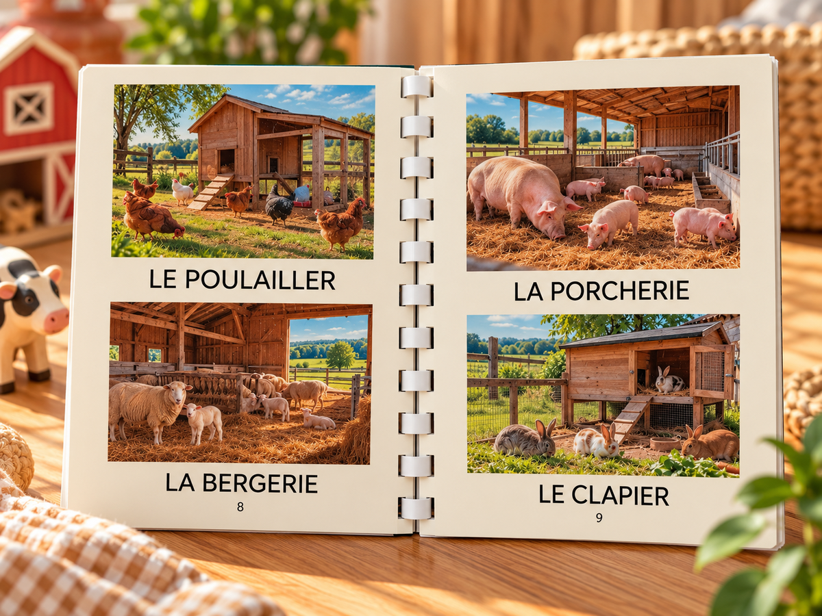 Imagier La ferme ouvert aux pages 8 et 9 : poulailler, bergerie, porcherie et clapier, dans un décor chaleureux