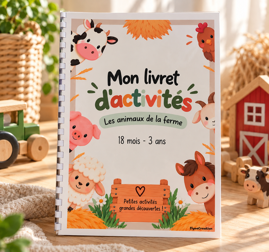 Livret d'activités Les animaux de la ferme au format A4 présenté dans un décor chaleureux