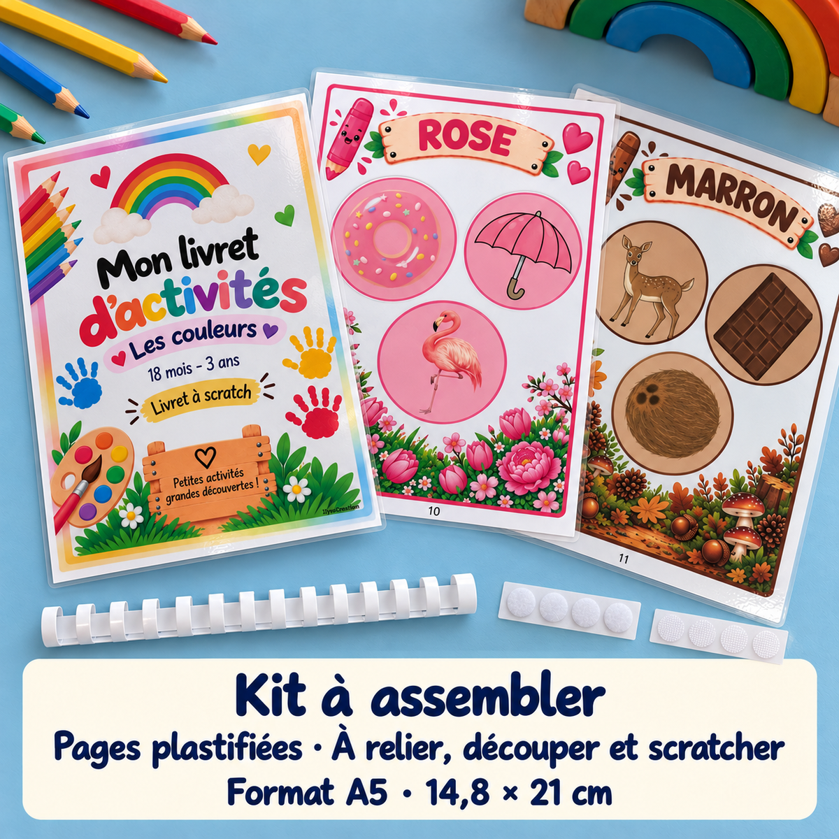 Kit Les couleurs A5 à assembler : pages plastifiées, reliure et pastilles de scratch, format 14,8 × 21 cm