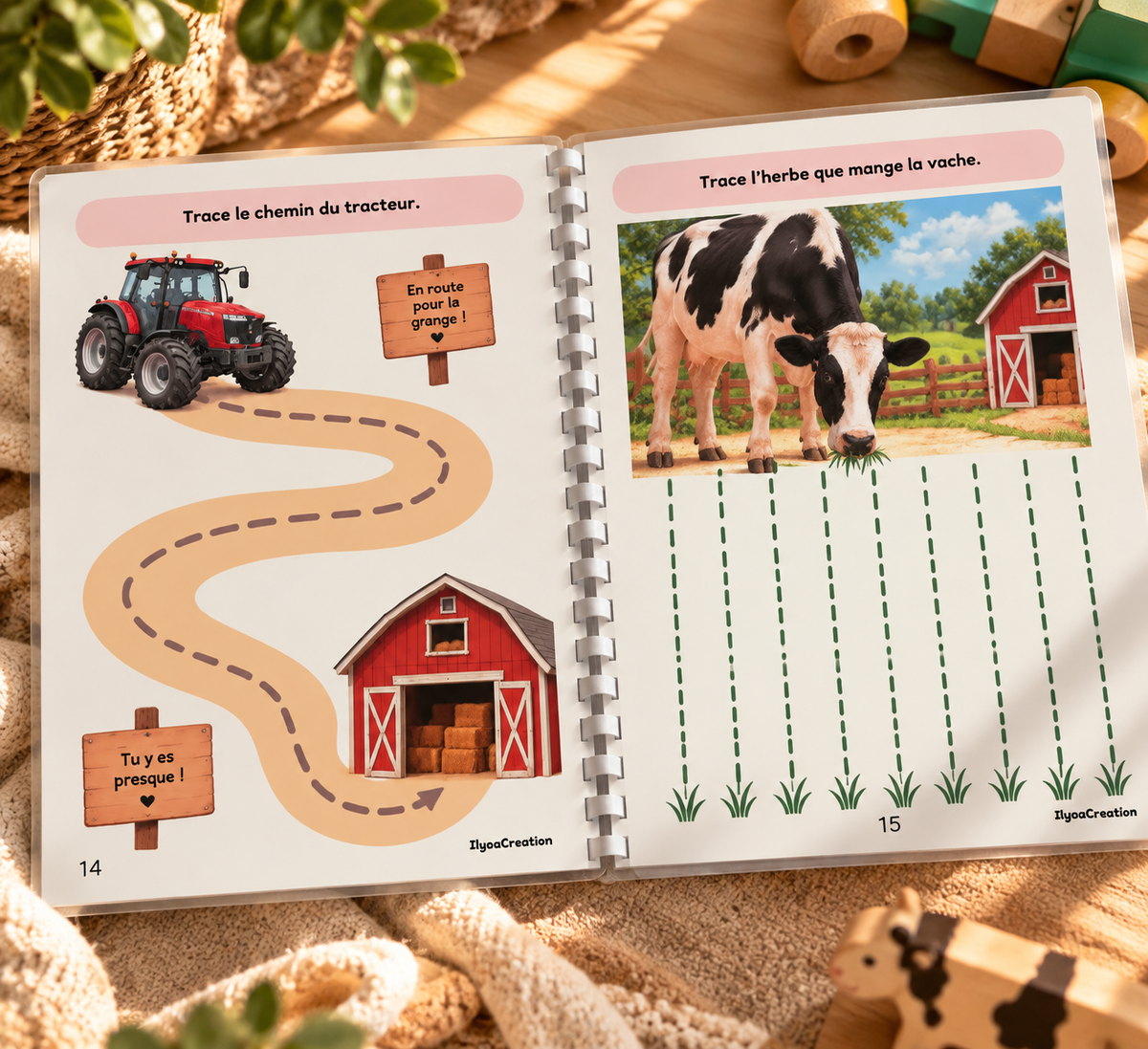 Pages 14 et 15 du livret A4 Les animaux de la ferme, tracé du tracteur et de l'herbe de la vache
