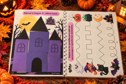 Livret d'activités Halloween IlyoaCréation, château tangram et tracés, mise en scène automnale