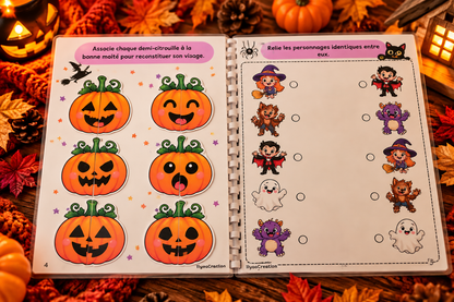 Livret d'activités Halloween IlyoaCréation, pages citrouilles à reconstituer et personnages à relier dans une ambiance automnale