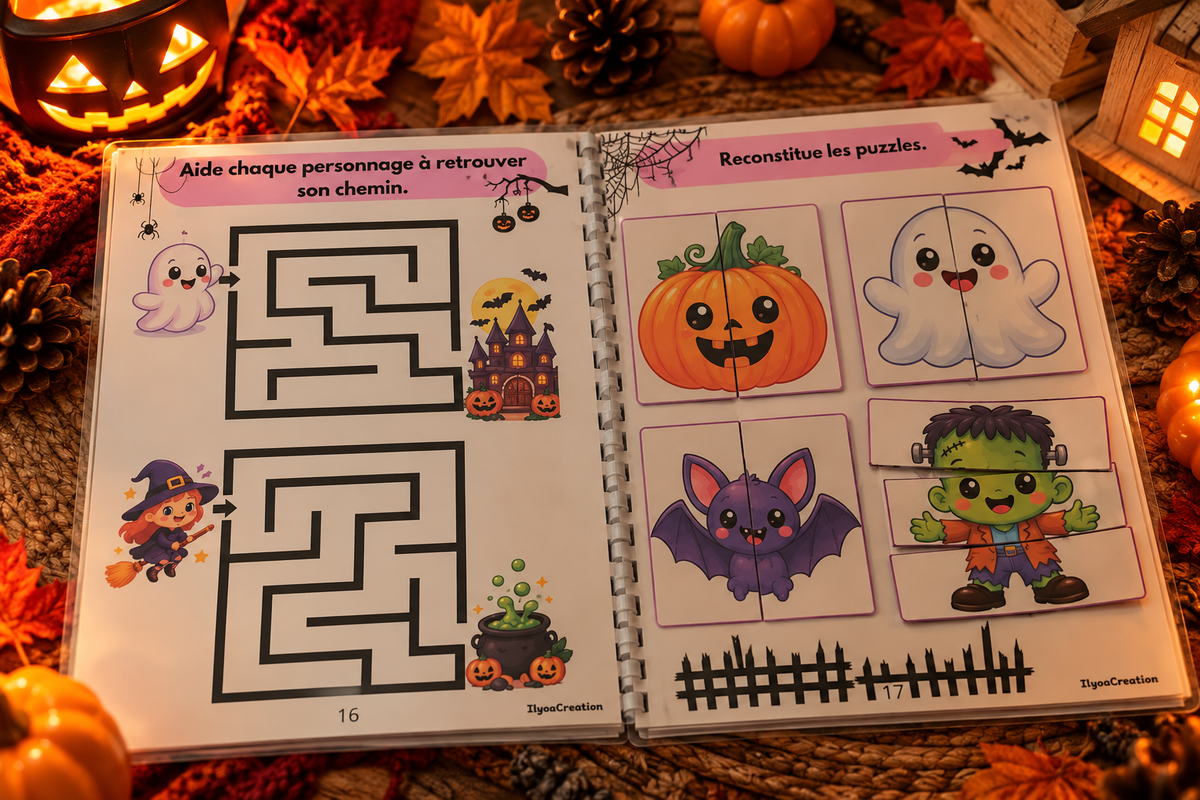 Livret Halloween IlyoaCréation ouvert pages labyrinthes et puzzles, ambiance automnale chaleureuse