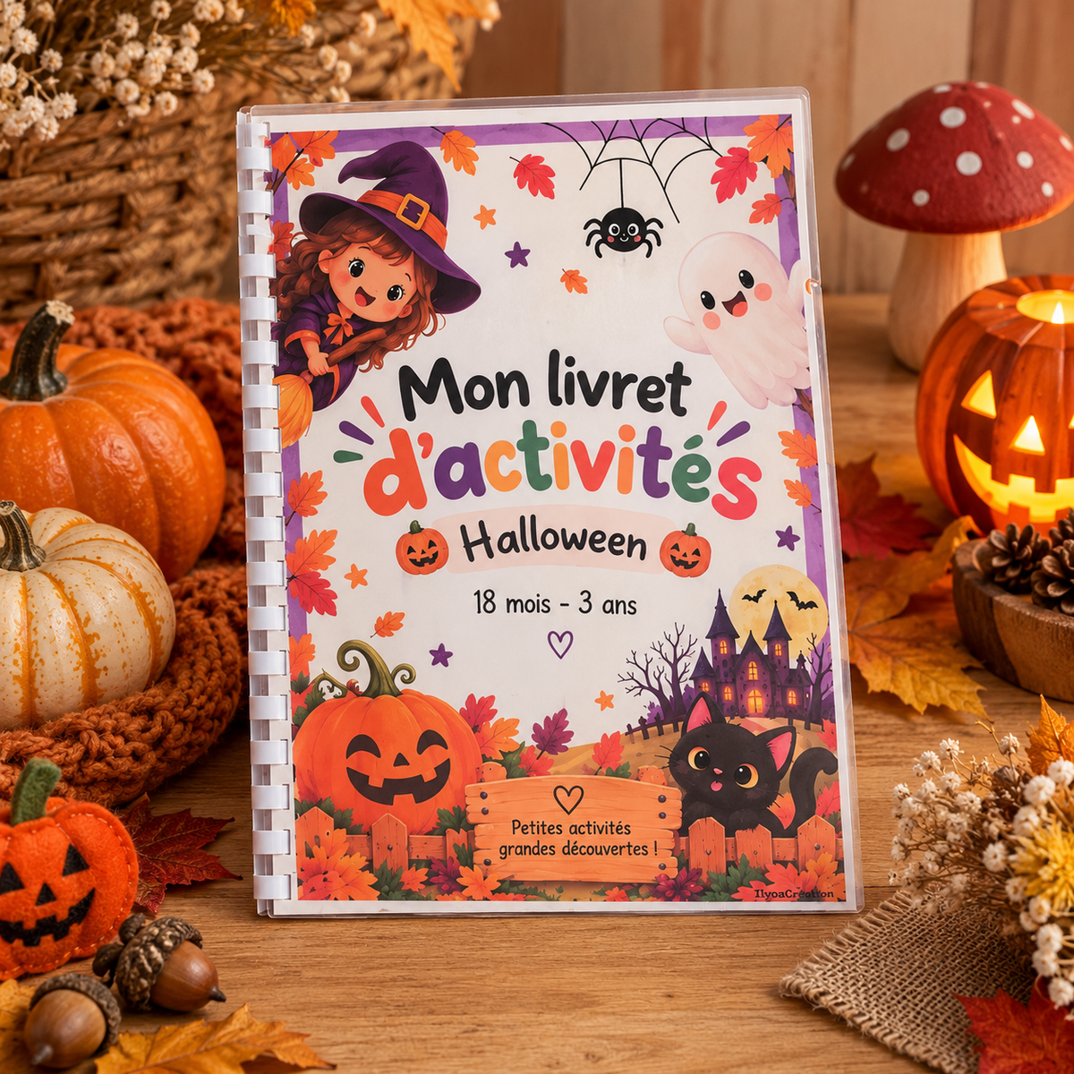 Livret d'activités Halloween IlyoaCréation, couverture dans une ambiance automnale chaleureuse
