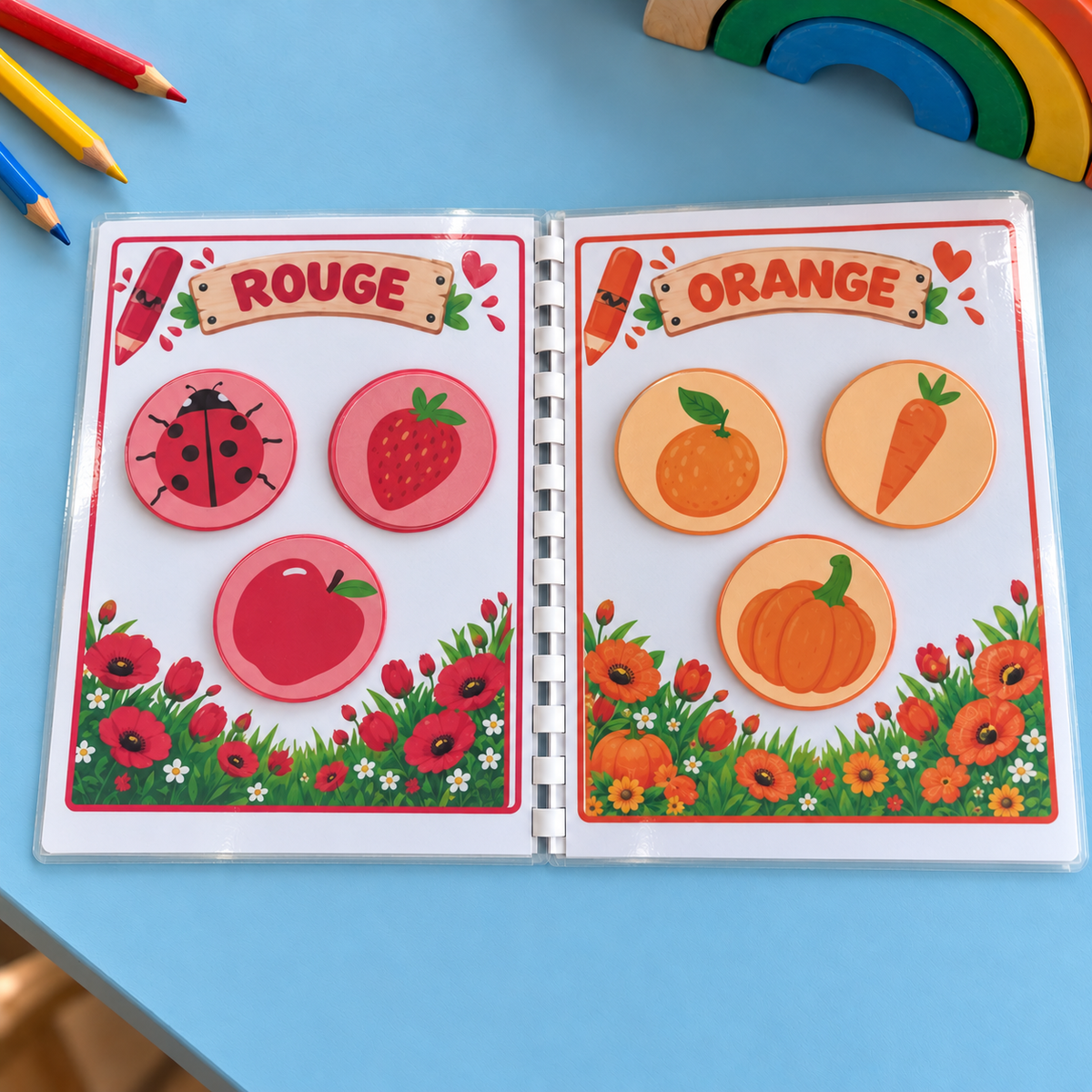 Livret Les couleurs A5 ouvert sur les pages rouge et orange, avec les pièces à scratch
